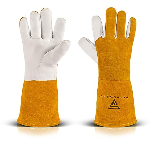 STAHLWERK hitze- und feuerbeständige Schutzhandschuhe aus robustem Echtleder - Schweißerhandschuhe, Arbeitshandschuhe, 34 cm lang, weiß gelb, auch geeignet für WIG TIG MIG MAG MMA Plasma von STAHLWERK