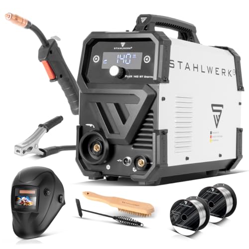 STAHLWERK Schweißgerät Mini FLUX 140 ST Digital – Vollausstattung – Fülldrahtschweißen ohne Schutzgas bis 140 A, kompakt, synergischer Drahtvorschub, mit LED-Licht, Lift-TIG- und MMA/ARC-Funktion von STAHLWERK