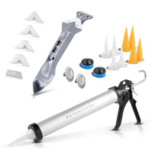 STAHLWERK Silikon-Pistole SP-600 ST mit Silikon-Spachtel 600 ml Aluminium-Kartuschenpresse | Kartuschenpistole inklusive Silikon-Schaber | Fugenabzieher | Fugenglätter | Silikon-Entferner von STAHLWERK