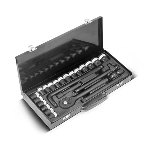 STAHLWERK Steckschlüssel-Satz 24-teiliger Knarrenkasten | Ratschen-Set | Steckschlüssel-Set | Stecknuss-Satz | Ratschenkasten | Steckschlüsselkasten mit 1/2" Umschaltknarre, Stecknüssen und Zubehör von STAHLWERK