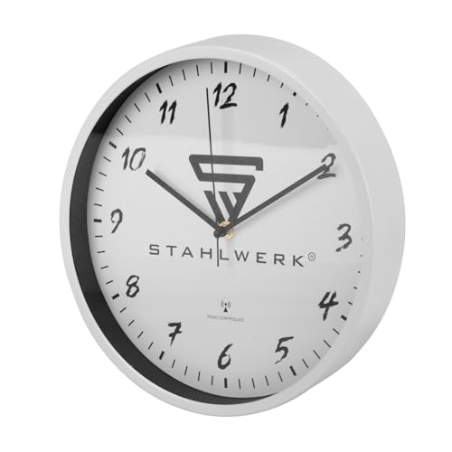 STAHLWERK Wanduhr 30 cm weiße Werkstattuhr | Funkuhr | Funkwanduhr | Bürouhr | Küchenuhr mit Aluminium-Gehäuse und RCC-Uhrwerk von STAHLWERK