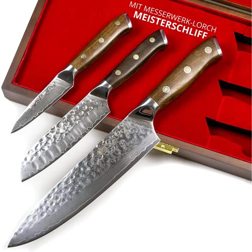 STALLION 3er Messerset Damast mit Edlem Ironwood Griff - Hochwertiges Damastmesser Set aus Kochmesser, kleines Santokumesser und Officemesser - Küchenmesser aus Damaststahl - mit MEISTERSCHLIFF von STALLION