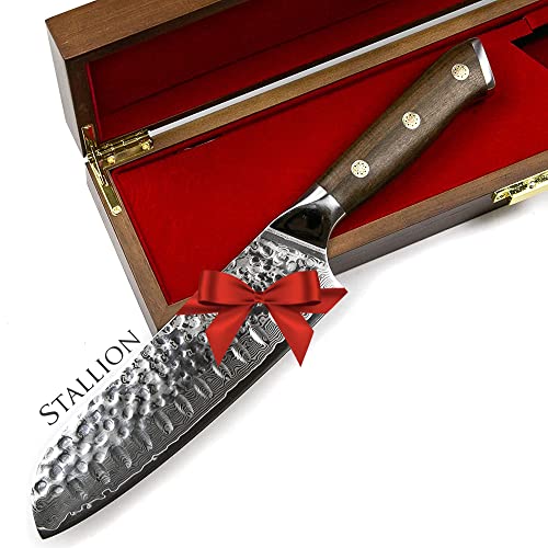 Stallion Santoku Messer Damast 17,5 cm - Ironwood Series - Damastmesser Santokumesser mit Eisenholz-Griff - Damastzener Stahl Küchenmesser aus hochwertigem Japanischen Stahl - Inkl. Edler Holzbox von Stallion