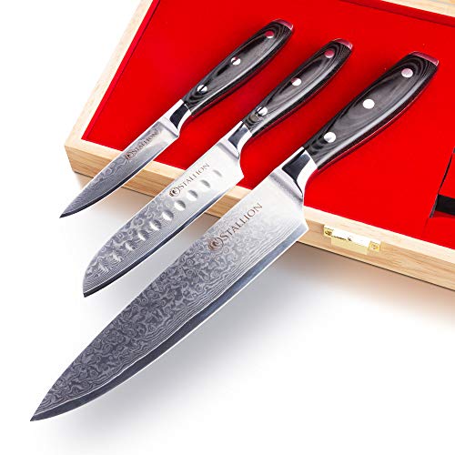 Stallion Wave - 3er Messerset Damast mit Micarta Griff - Hochwertiges Damastmesser Set aus Kochmesser, kleines Santokumesser und Officemesser - Küchenmesser aus Damaststahl von Stallion