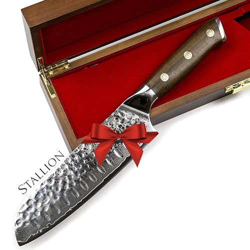 STALLION Kleines Santoku Messer Damast 12,5 cm - Ironwood Series - Damastmesser Santokumesser mit Eisenholz-Griff - Damastzener Stahl Küchenmesser aus bestem Japanischen Stahl von STALLION