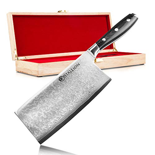 Stallion Damastmesser Wave Chinesisches Kochmesser - Messer aus Damaststahl in Edler Geschenkbox Freunde schöner Messer von Stallion