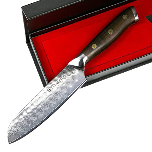Stallion Kleines Santoku Messer Damast 12,5 cm - Ironwood Series - Damastmesser Santokumesser mit Eisenholz-Griff - Damastzener Stahl Küchenmesser aus bestem Japanischen Stahl - mit MEISTERSCHLIFF von Stallion