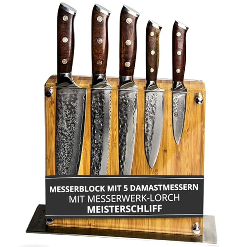 Stallion Messerblock Damastmesser Set Ironwood - Küchenmesser Set aus Japanischem Damaststahl (VG10) - Messerset Damast aus extrem harten Gidgee Edelholzgriff - Damaszener Messer - mit MEISTERSCHLIFF von STALLION