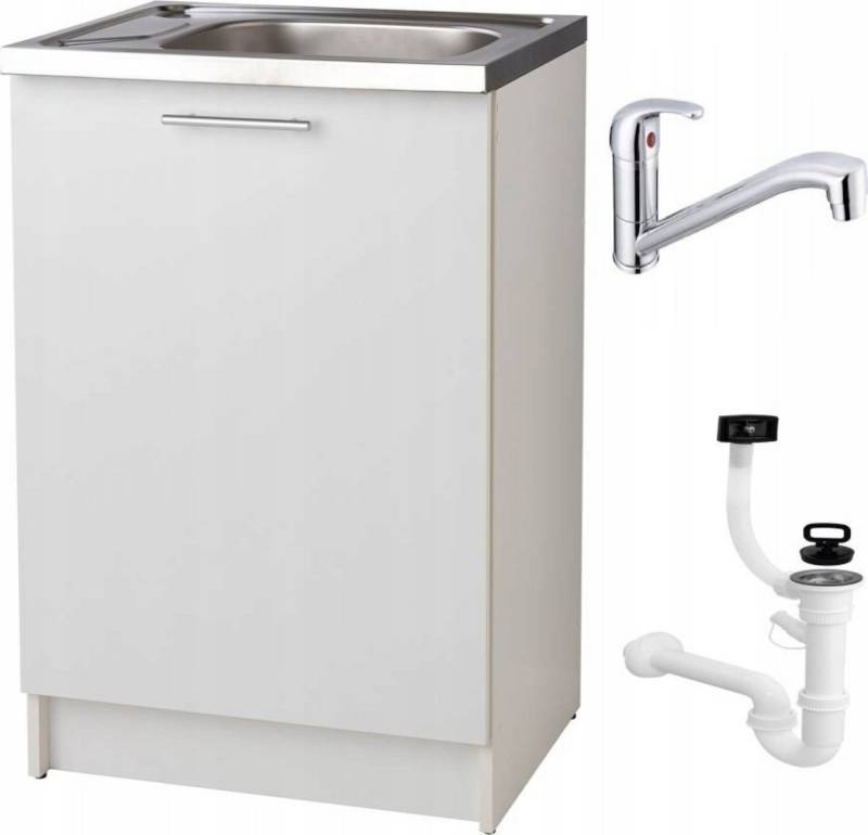 STAMAR Spülenschrank Küchenschrank 60cm Weiß Spüle 60x50 Armatur Chrom Drehbar Set Kompakt Standschrank 50cm Tiefe Siphon Geschirrspüler Komplett Montagefertig von STAMAR