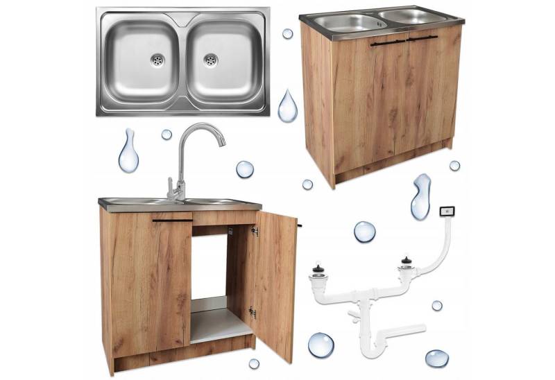 STAMAR Spülenschrank Küchenschrank 80cm Eiche Gold Spüle 2 Becken Armatur Hoch Chrom XXL Standschrank 46cm Tiefe Siphon Geschirrspüler Komplett Montagefertig von STAMAR