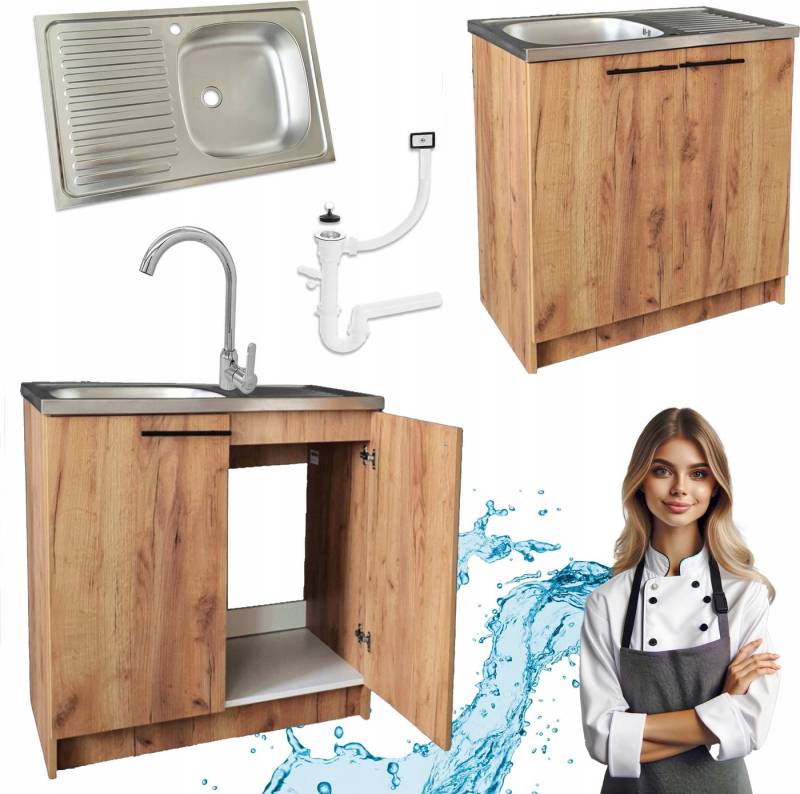 STAMAR Spülenschrank Küchenschrank 80cm Eiche Gold Spüle Abtropf Armatur Chrom Hoch XXL Standschrank 46cm Tiefe Siphon Geschirrspüler Komplett Montagefertig von STAMAR