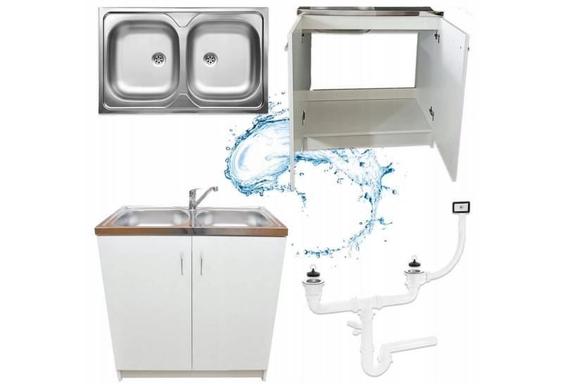 STAMAR Spülenschrank Küchenschrank 80cm Weiß Komplett Set Spüle 2 Kammer Dreharmatur Chrom Standschrank Edelstahl Spülbecken Schwenkbare Armatur Siphon Set XXL von STAMAR