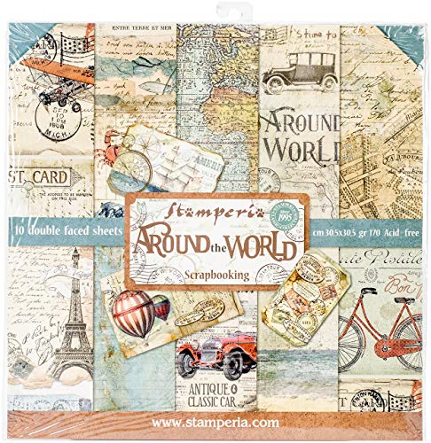 STAMPERIA SBBL28 Papierblock 10 Blätter doppelseitig Rund um die Welt, Papier, Mehrfarbig, 30.5 x 30.5, 12" x 12" von Stamperia