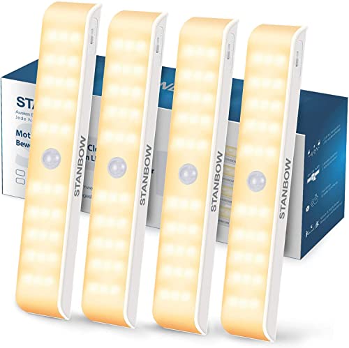 STANBOW LED cabinet lighting with motion detector, LED sensor light 30 LEDs, wardrobe lamps under cabinet light, kitchen, USB rechargeable, magnetic strips (4 pieces, warm white) [Energy Class A+] von STANBOW