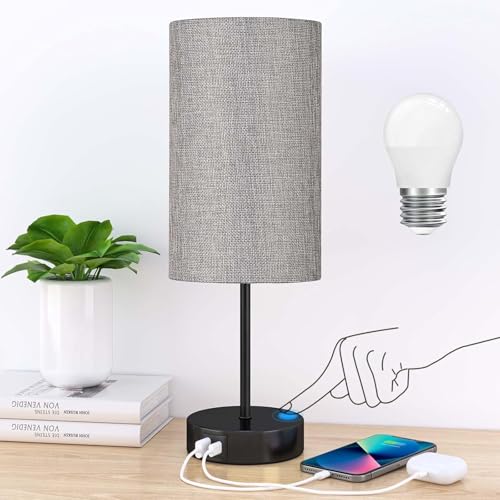 STANBOW Nachttischlampe Touch Dimmbar, Tischlampe mit USB A+C Ladeanschlüssen, Leinen-Lampenschirm, Kleine Lampe für Schlafzimmer, Wohnzimmer von STANBOW