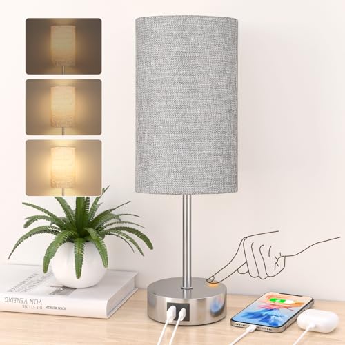 STANBOW Nachttischlampe Touch Dimmbar, Tischlampe mit USB A+C Ladeanschlüssen, Leinen-Lampenschirm, Kleine Lampe für Schlafzimmer, Wohnzimmer von STANBOW