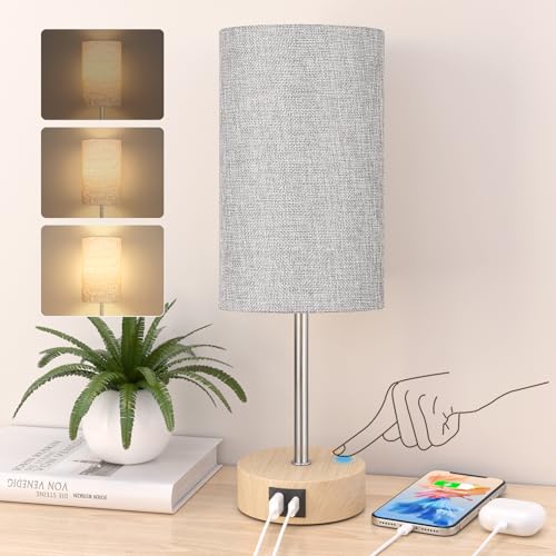 STANBOW Nachttischlampe Touch Dimmbar, Tischlampe mit USB A+C Ladeanschlüssen, Leinen-Lampenschirm, Kleine Lampe für Schlafzimmer, Wohnzimmer von STANBOW