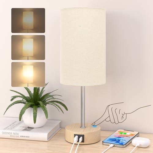 STANBOW Nachttischlampe Touch Dimmbar, Tischlampe mit USB A+C Ladeanschlüssen, Leinen-Lampenschirm, Kleine Lampe für Schlafzimmer, Wohnzimmer von STANBOW