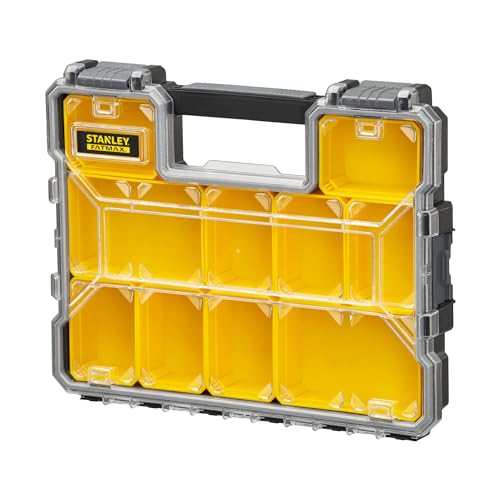 STANLEY FatMax Werkzeug-Profi-Organizer/Werkzeug Organizer (44.6 x 7.4 x 35.7 cm, flache Fächer, mit Klappdeckel und Kunststoffschnallen, 10 herausnehmbare Boxen) 1-97-519 von FatMax