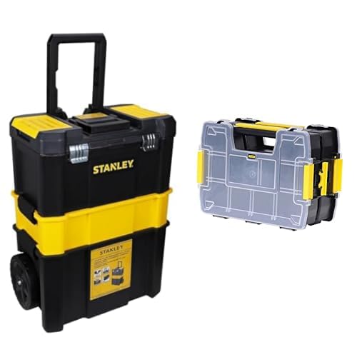 Stanley STST1-80151 Essential Rollende Werkstatt, Belastbarkeit bis zu 20 kg & Sortmaster Doppelorganizer Werkzeugbox leer STST1-71197 – Stapelbarer Werkzeugkasten mit entnehmbare Einsätzen von Stanley