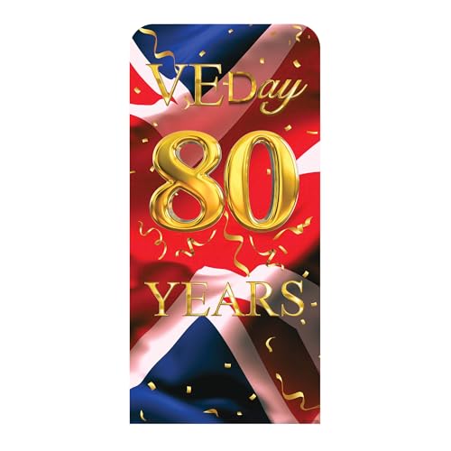 Star Cutouts SC4623 VE Day Gold 80 Years Union Jack Flagge Hintergrund Segelbrett Pappaufsteller Höhe 191 cm – Britisches Thema, Partys, Nationale Feiern & VE-Tag-Dekorationen, Straßenpartys und von STAR CUTOUTS