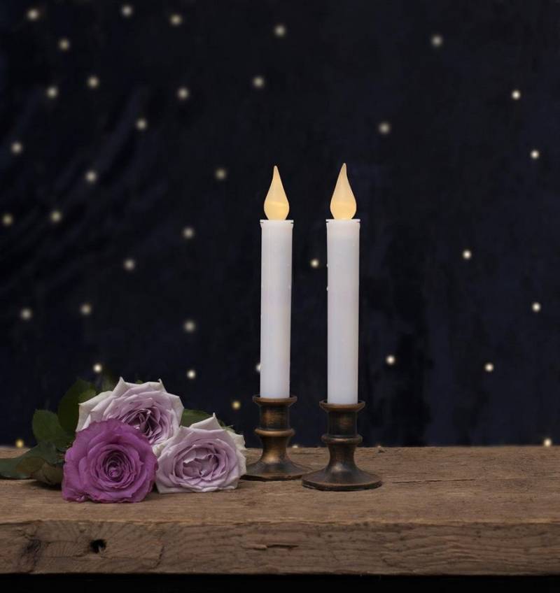 STAR TRADING Kerzenständer LED Stabkerzen Mette antik-bronzener Standfuß H: 23cm Timer 2er Set (2 St) von STAR TRADING