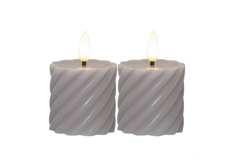STAR TRADING LED-Kerze LED Stumpenkerze Swirl Echtwachs gedreht H: 7,5cm Timer grau 2er Set (2-tlg) von STAR TRADING