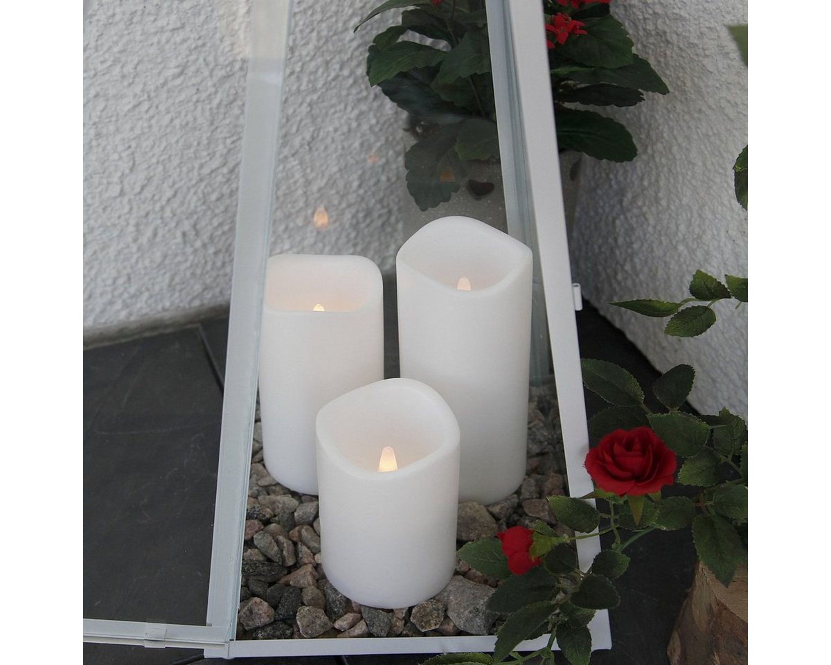 STAR TRADING LED-Kerze Stumpenkerze flackernd H: 7,5cm Batteriebetrieb Timer f. Außen weiß von STAR TRADING