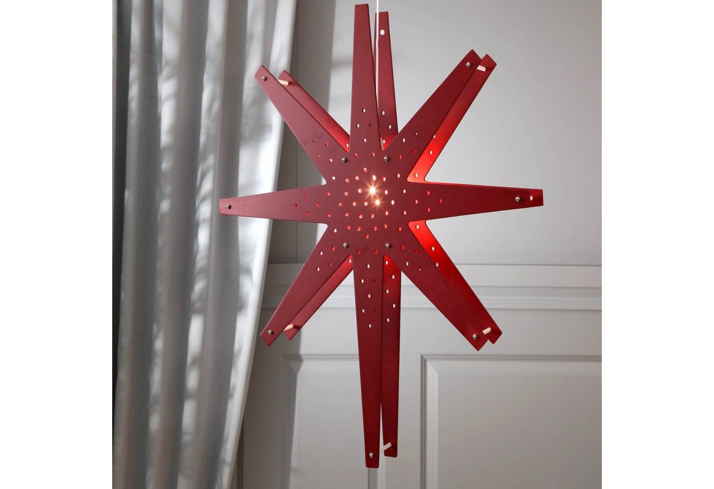 STAR TRADING LED Stern Holzstern Weihnachtsstern Leuchtstern hängend 60cm mit Kabel rot von STAR TRADING