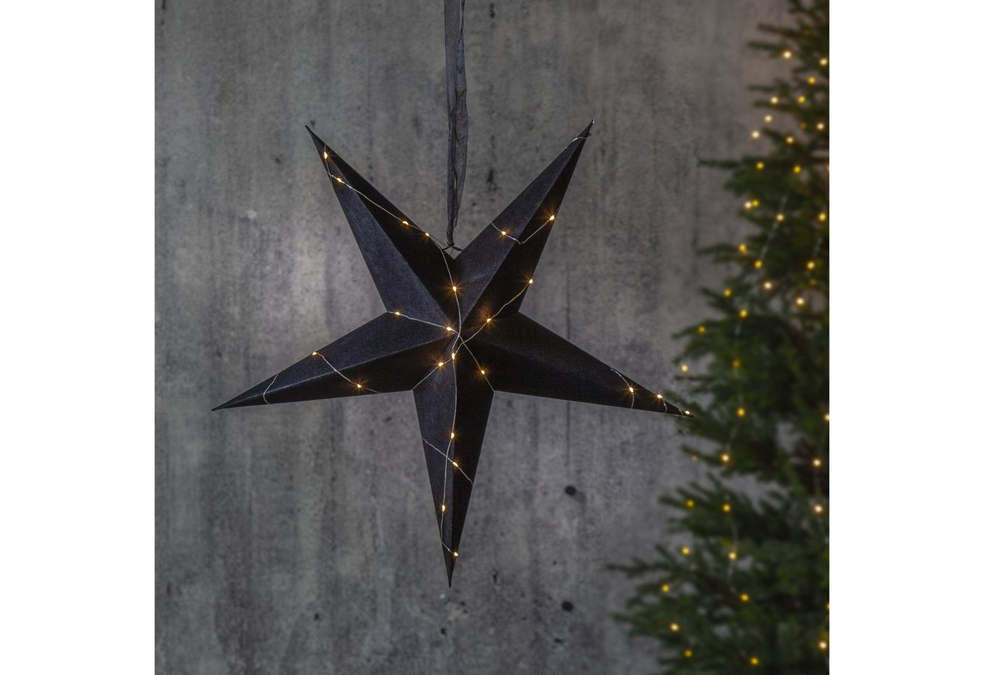 STAR TRADING LED Stern LED Papierstern Weihnachtsstern D: 60cm mit Drahtlichterkette schwarz, LED Classic, warmweiß (2100K bis 3000K) von STAR TRADING