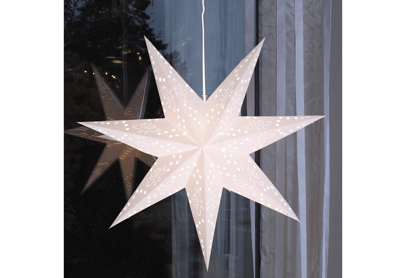 STAR TRADING LED Stern Papierstern Leuchtstern Faltstern 7-zackig hängend 54cm mit Kabel weiß von STAR TRADING