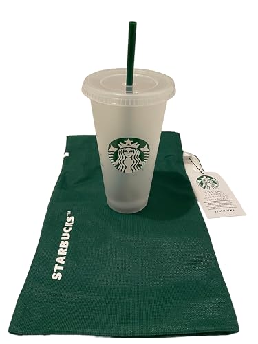 STARBUCKS 1 Packung – Geschenktüte und wiederverwendbarer, mattierter 680 ml kalter Becher mit Deckel mit grünem Strohhalm mit Stopper von STARBUCKS