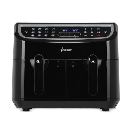 STARCREST Heißluftfritteuse mit 2 Kammern 9 Liter, Airfryer XXL 2 Fächer 9L, Doppelkammer Heissluftfritteuse perfekt für Pommes oder andere Air-Fryer Gerichte, Schwarz, 2400 Watt von STARCREST
