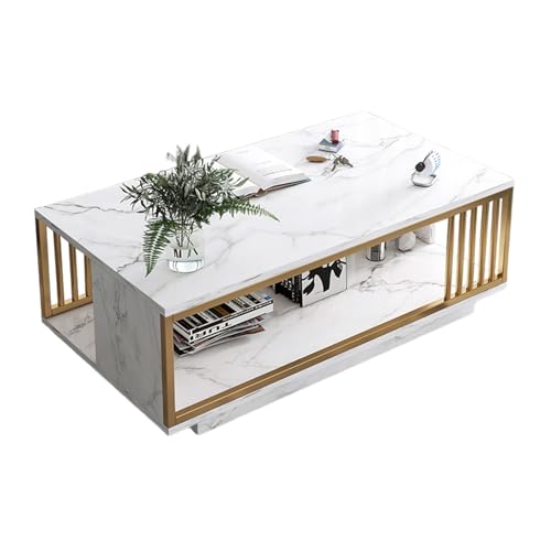 Kaffeetisch mit Stauraum - Beistelltisch Metall Doppelschichtiges Aufbewahrungsdesign Verdicktes Stahlrohr füR Wohnzimmer und BüRo White Marble 39.4 * 19.7 * 15.7in von STARHMLUX