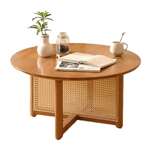 STARHMLUX Kleiner Runde Couchtische - Holz Kaffeetisch Kreuzhalterung Handgewebtes Rattanhandwerk füR Wohnzimmer Cherry 31.5 * 31.5 * 15.7in von STARHMLUX