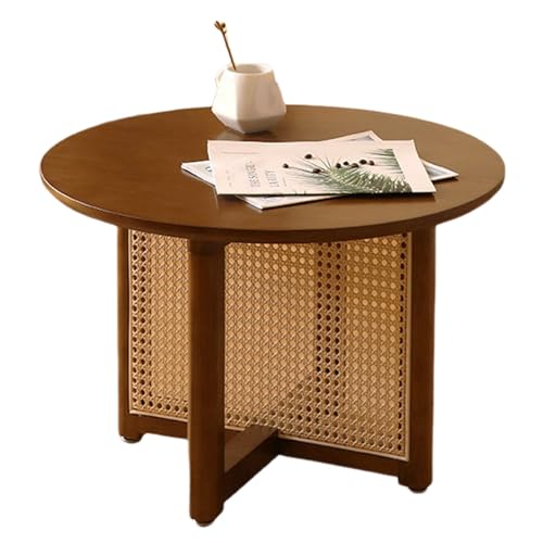 STARHMLUX Kleiner Runde Couchtische - Holz Kaffeetisch Kreuzhalterung Handgewebtes Rattanhandwerk füR Wohnzimmer Walnut 23.6 * 23.6 * 15.7in von STARHMLUX