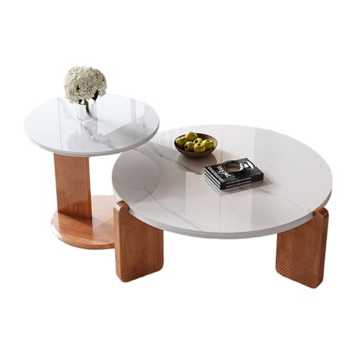 STARHMLUX Travertin Couchtisch - Runde Kaffeetisch Tischbeine aus Massivholz Tischplatte aus Rockboard füR Wohnzimmer und BüRo Walnut 40+80 von STARHMLUX