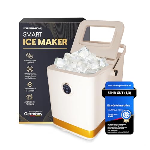 STARKFELD HOME® ICE MAKER - Luxus Eiswürfelmaschine | 15 KG Eis in 24 Stunden | Selbstreinigend & Keimfrei | 1,5L Wassertank | Eis in 6 Minuten | 2 Größen Eis | Leise | Cocktail Maschine (Beige) von STARKFELD