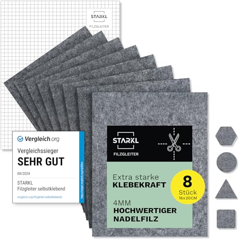 Filzgleiter selbstklebend zum Zuschneiden I 8 Stück 16 x 20cm - 4mm I Filzgleiter für Stühle I Filz selbstklebend I Möbelgleiter aus hochwertigem Nadelfilz I Stuhlgleiter Klebefilz (Grau) von STARKL