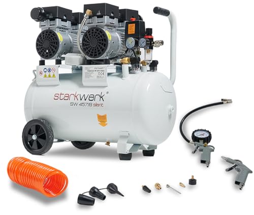 Starkwerk SW 457/8 Flüster Kompressor Silent Kompressor 1,5kW Leistung !69 dB! 8Bar ölfrei Druckluft Kompressor leise Compressor Reifenfüller Ausblaspistole 5 m Spiralschlauch 8 teiliges Adapterset Starkwerk SW 457/8 Flüster Kompressor Silent Kompressor 1,5kW Leistung !69 dB! 8Bar ölfrei Druckluft Kompressor leise Compressor Reifenfüller Ausblaspistole 5 m Spiralschlauch 8 teiliges Adapterset von STARKWERK