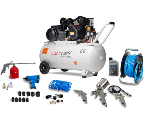 Starkwerk SW 475/10 Druckluftkompressor Kompressor 2,2kW 230V 10Bar 100l Kessel Keilriemenantrieb Luftkompressor Compressor inklusive Druckminderer und Wasserabscheider von STARKWERK