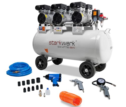 Starkwerk SW 477/8 Flüsterkompressor Silent Kompressor 2,25kW !69 dB! 8Bar ölfrei 100L Kessel Druckluftkompressor leise Compressor inklusive Druckminderer und Wasserabscheider von STARKWERK
