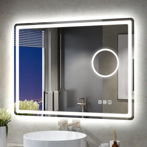 STARLEAD Badspiegel-mit-Beleuchtung 80x60cm, 5X Lupe und Bluetooth, Dimmbar, 3 Farbtemperaturen 3000K-6500K, Entfoggen, Speicherfunktion, IP44 Badezimmerspiegel, Hartglas, Horizontal/Vertikal von STARLEAD
