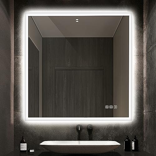 STARLEAD Badspiegel-mit-Beleuchtung 80x80 cm, Bad-Spiegel-mit-Licht und Bluetooth, Entfoggen, Led-Badspiegel mit 3 Farbtemperaturen, Dimmbar, Speicherfunktion, Horizontal/Vertikal, Rechtwinkliger von STARLEAD