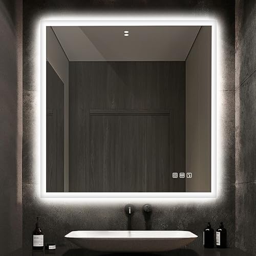 STARLEAD Badspiegel-mit-Beleuchtung 80x80 cm, LED-Spiegel-Bad-mit Bluetooth, Entfoggen, IP44 Badezimmer-Spiegel-mit-Licht 3 Farbtemperaturen, Dimmbar, Speicherfunktion, HD Hartglas von STARLEAD