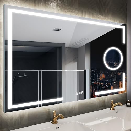 STARLEAD Badezimmer-Spiegel-mit-Beleuchtung 120x70cm, Badezimmerspiegel mit Touch Schalter und Entfoggen, 5X Vergrößerungsspiegel-mit-Licht, IP44, Einstellbare Helligkeit, Energiesparend, Horizontal von STARLEAD