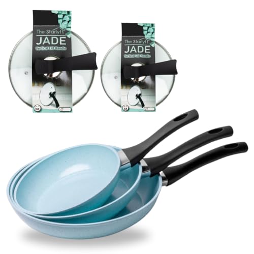 Starlyf Pfannen-Set Jade Pan Set, Aluminium (Starter-Set, 5-tlg., 3 Pfannen, 2 Glasdeckel), Innovativer Deckelgriff zum abstellen, Jade-Antihaft-Beschichtung von STARLYF