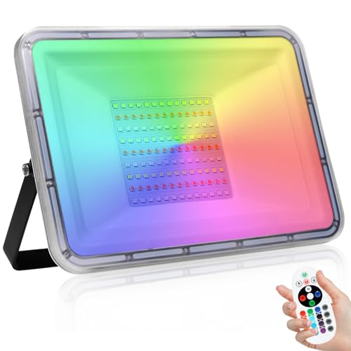 NIKEEYEN 100W RGB LED Strahler mit Fernbedienung, 10000LM 16 Farben und 4 Modi LED Flutlicht Wasserdicht IP67 Dimmbar Außenstrahler Scheinwerfer für Abschlussball Garten Party (ohne Speicher) von NIKEEYEN
