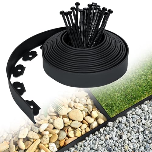 Flexible Rasenkante aus Kunststoff 10mx5cm mit 30 Erdanker zur Verankerung, Beetumrandung Wurzelsperre System, Pflastersteine Mähkante Garten dekorativ(10M, Schwarz) von STARTONYOU