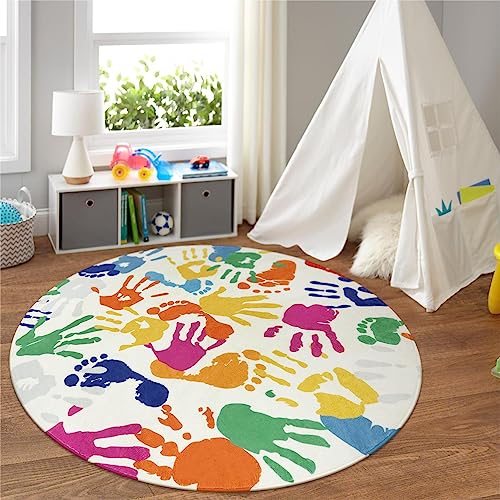 STARUIA Bunter runder Teppich für Kinderzimmer, 122 x 102 cm, Hand- und Fußabdrücke, Kreisteppich für Spielzimmer, regenbogenfarbener waschbarer Teppich für Kinderzimmer, kleiner runder Teppich für von STARUIA